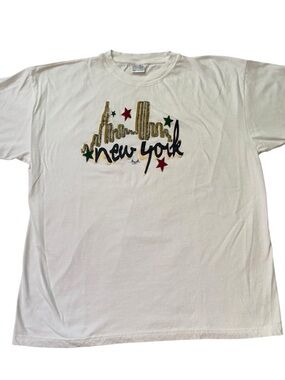 Vintage 90s New York City T Shirt XL White Glitter Skyline Twin Towers